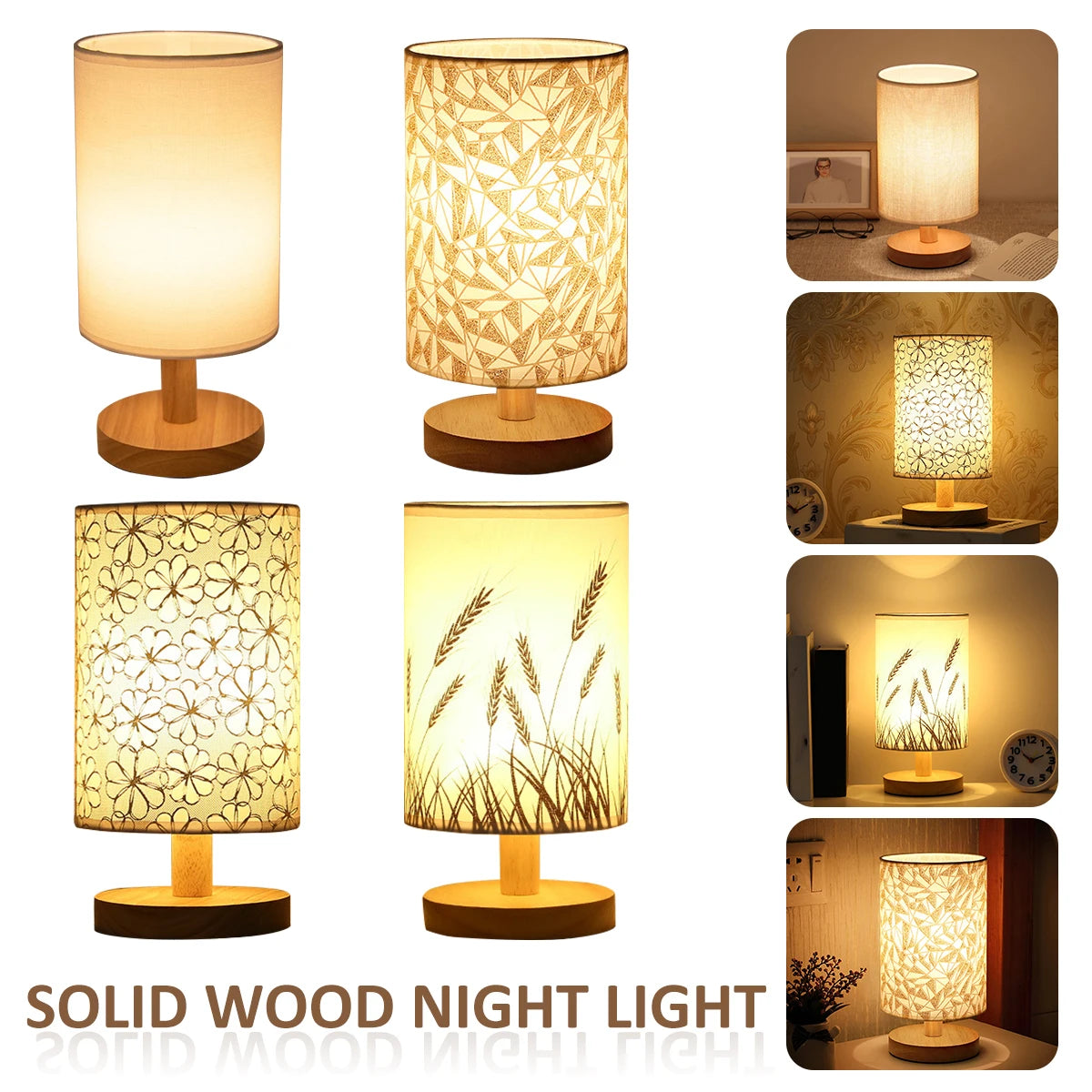 Lampe de chevet en lin avec abat-jau blanc et base en bois