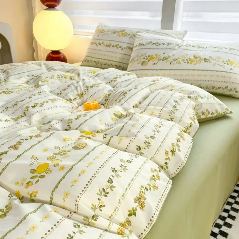 Housse de couette florale verte détaillée sur lit twin