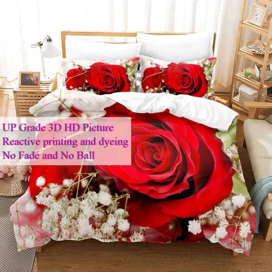 Détail impression florale rouge sur housse de couette polyester