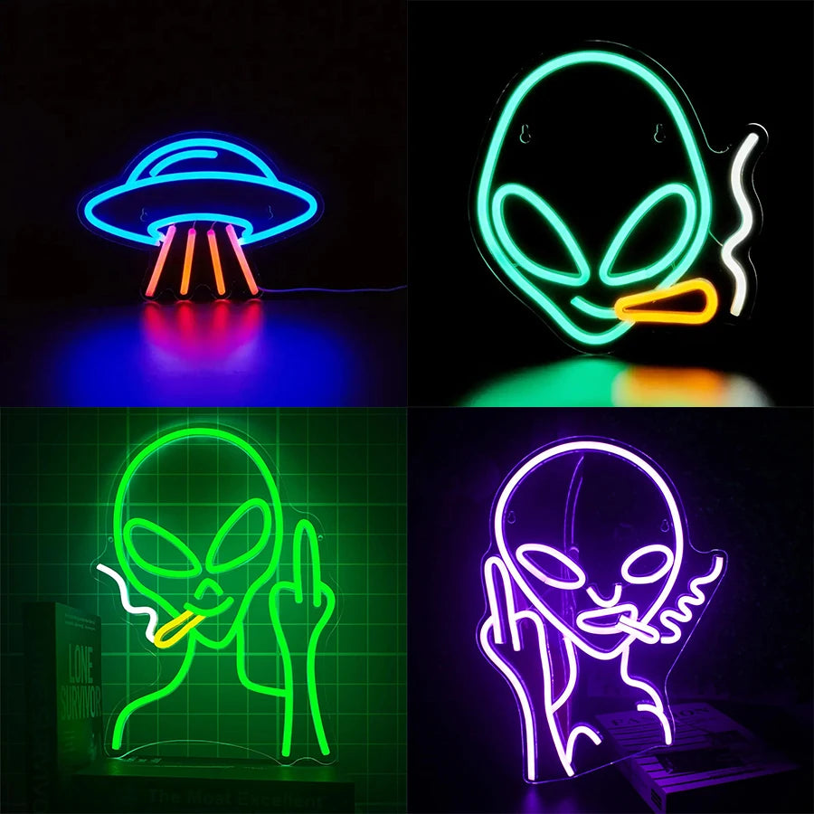 Enseigne néon extraterrestre verte sur mur blanc chambre ado