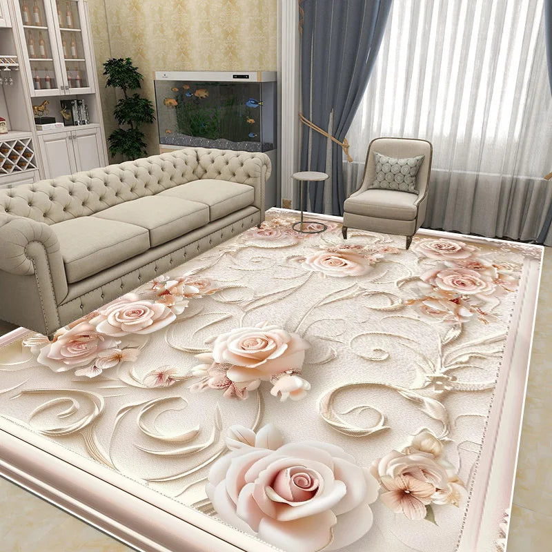 Un tapis moelleux et élégant avec des roses et des fleurs délicates en relief, créant une ambiance chaleureuse et luxueuse dans ce salon.