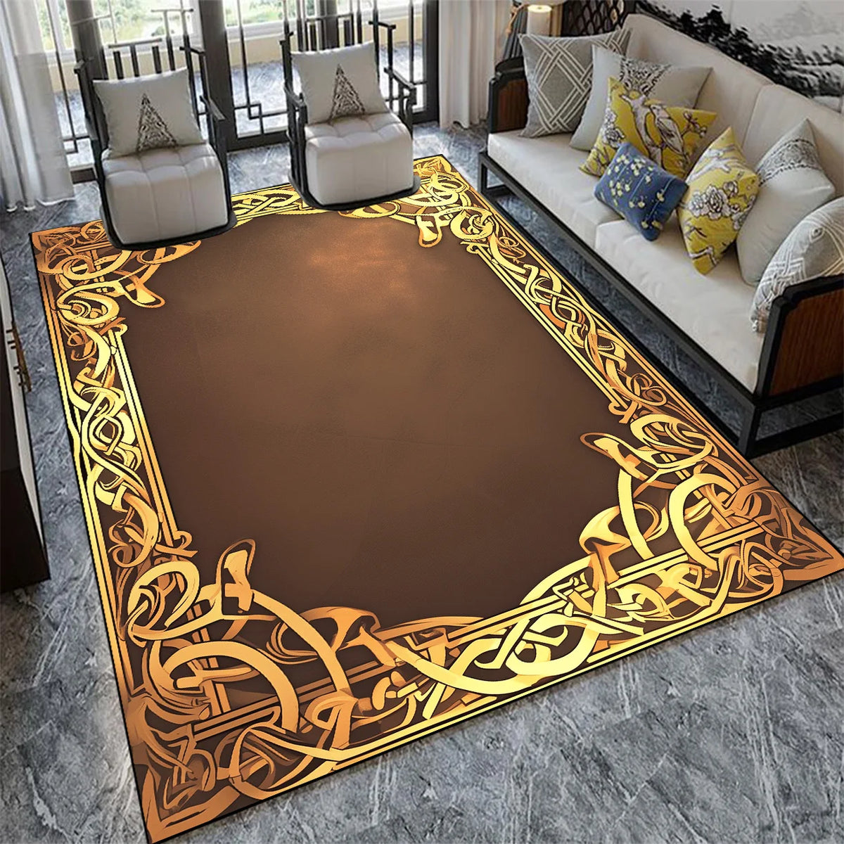 Tapis design avec motifs abstraits dorés dans un salon moderne avec canapés et coussins décoratifs.