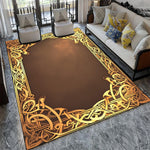 Tapis design avec motifs abstraits dorés dans un salon moderne avec canapés et coussins décoratifs.
