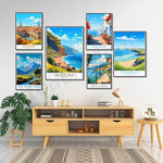 Une collection d'affiches vintage représentant divers paysages et lieux emblématiques, créant une décoration murale chaleureuse et inspirante.
