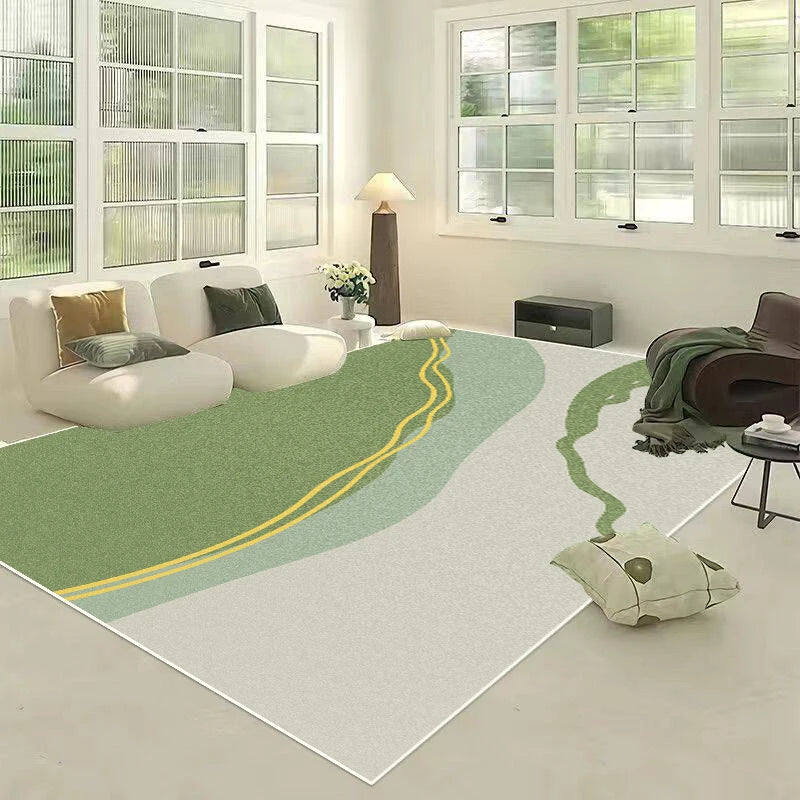 Un salon cosy et lumineux avec un tapis vert comportant des lignes jaunes, créant une ambiance apaisante et accueillante.