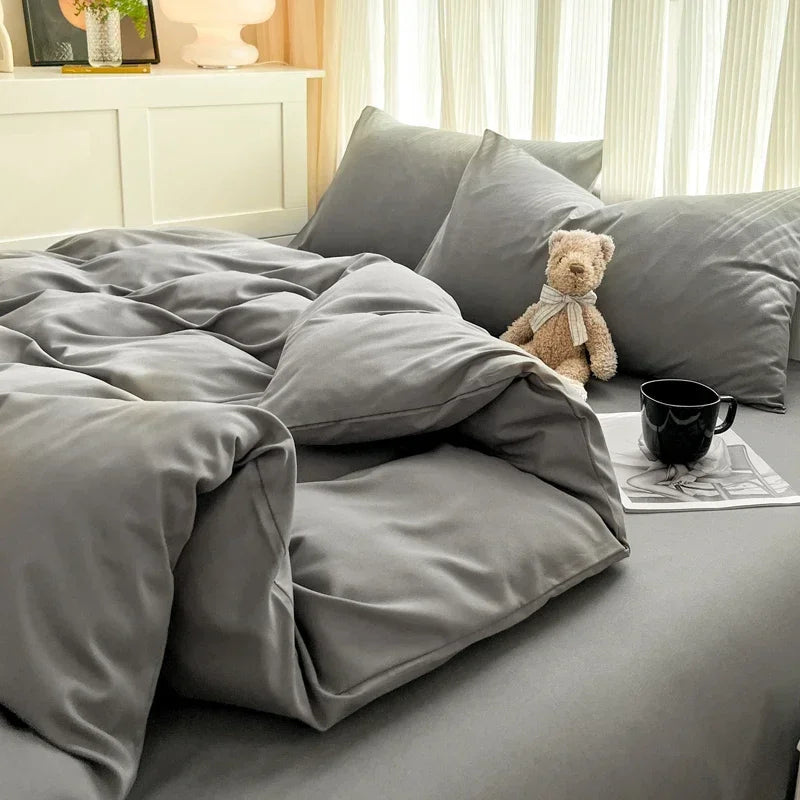 Parure de lit 4 pièces en tissu brossé unie couleur brun