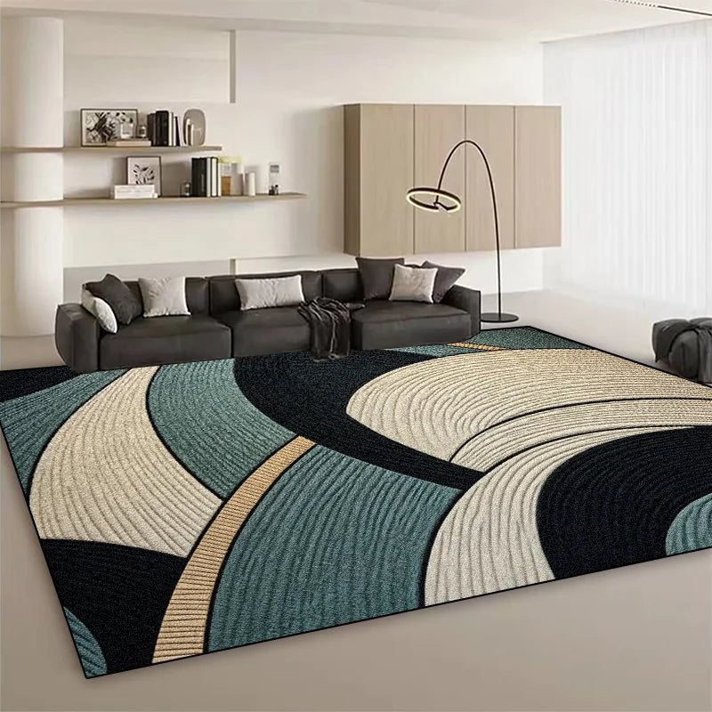 Tapis design aux motifs géométriques multicolores dans un salon moderne et minimaliste.
