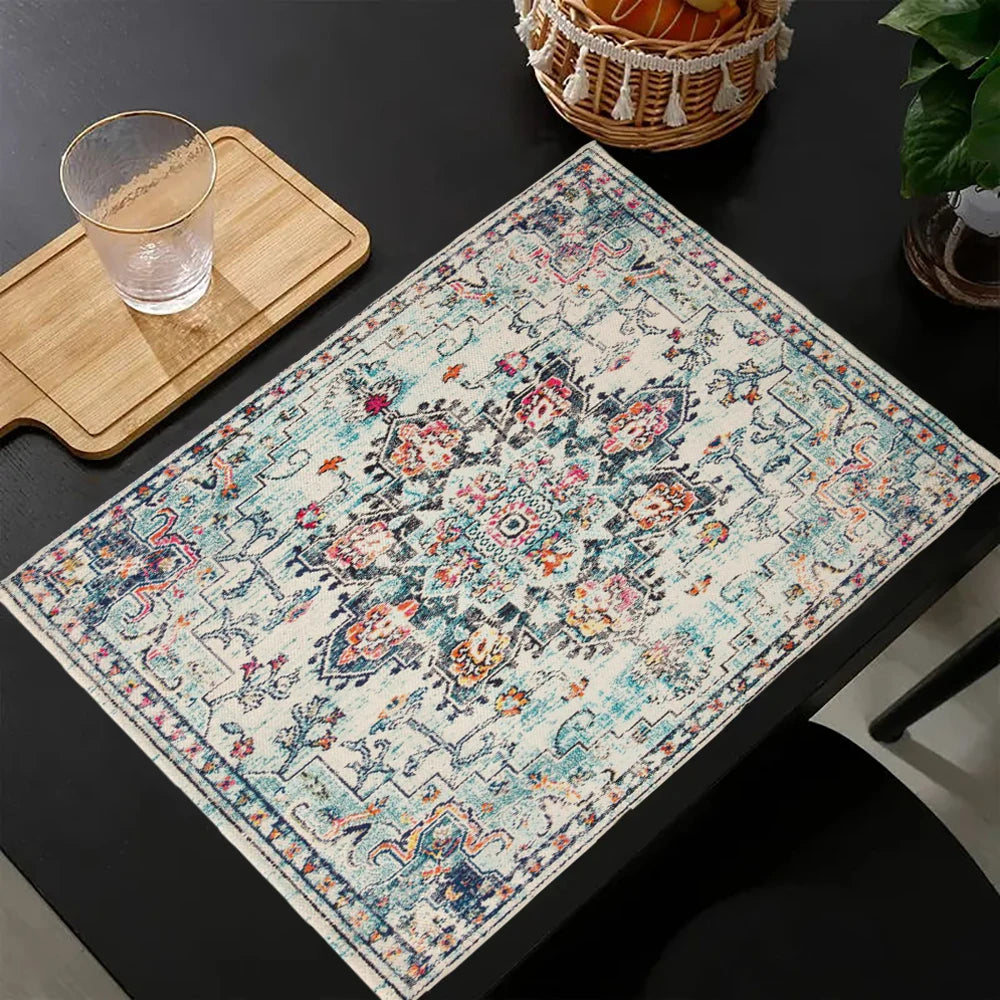 Tapis de table vert lin avec vaisselle blanche