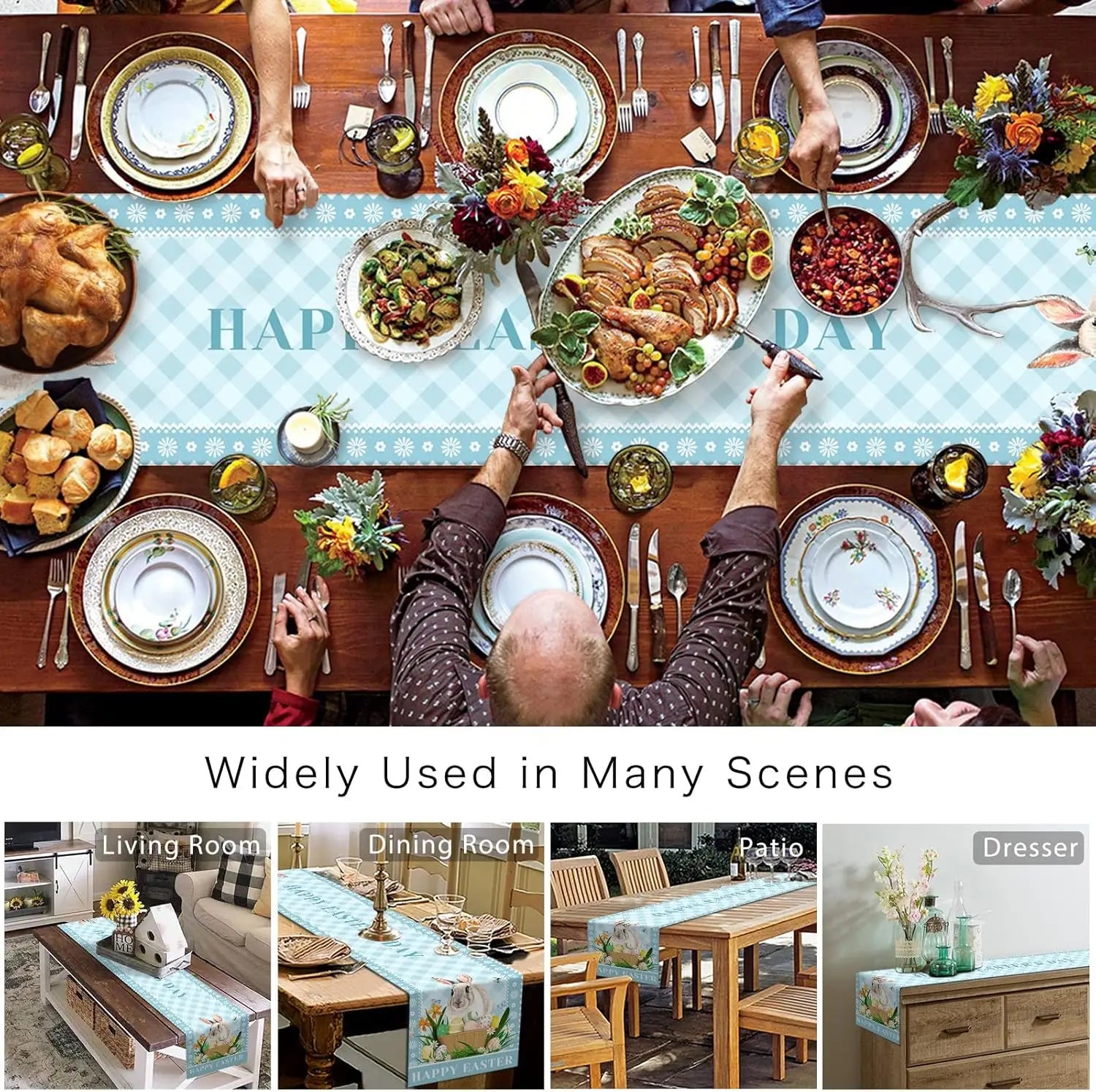 Cette image montre une table de fête joliment décorée avec de nombreux plats et accessoires. Le motif damier et les fleurs apportent une touche festive et chaleureuse. Cette image peut être utilisée dans de nombreuses scènes, comme dans un salon, une salle à manger, un patio ou encore sur un meuble de rangement.