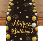 L'image présente un motif festif avec des ballons dorés, des étoiles et des feux d'artifice sur un fond noir, accompagné du texte "Happy Birthday" en lettre dorée.
