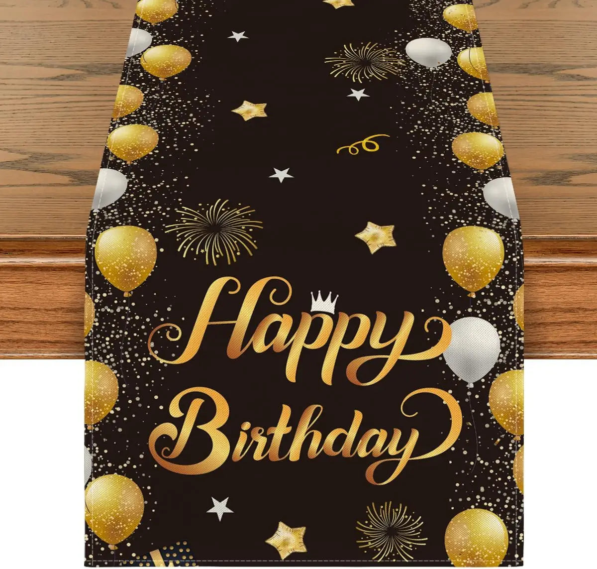 L'image présente un motif festif avec des ballons dorés, des étoiles et des feux d'artifice sur un fond noir, accompagné du texte "Happy Birthday" en lettre dorée.