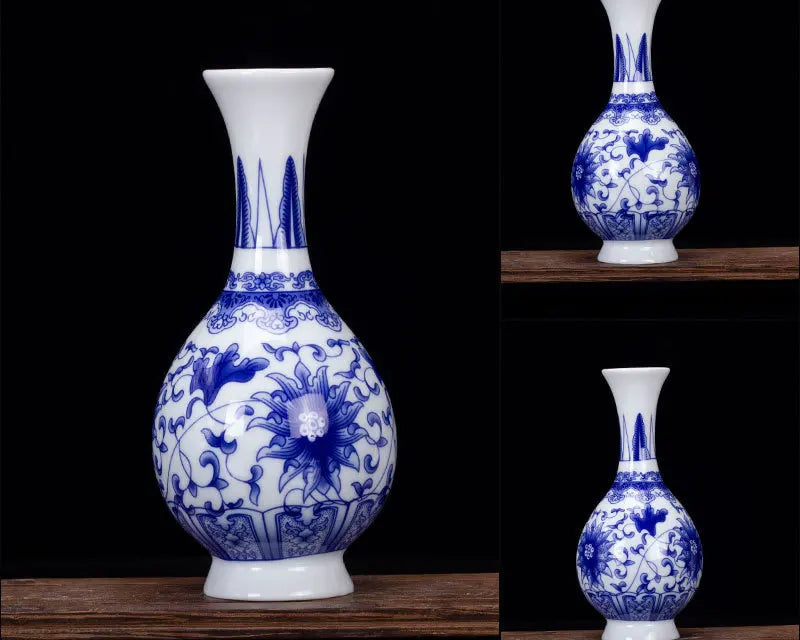 Vase en porcelaine bleu et blanc aux motifs floraux élégants sur fond noir.
