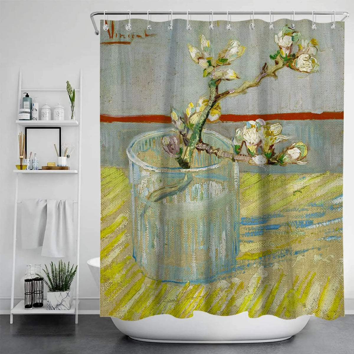 Reproduction du tableau “Sprig of Flowering Almond in a Glass” de Van Gogh, représentant une petite branche florale dans un verre transparent. 