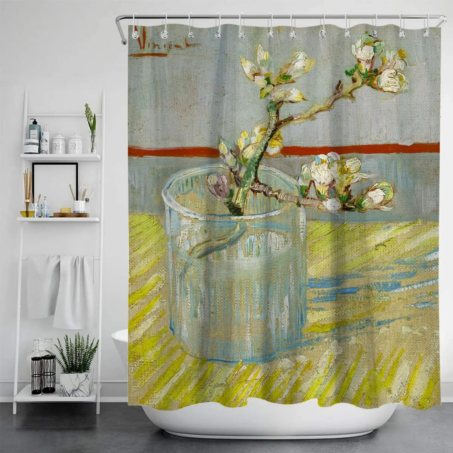 Reproduction du tableau “Sprig of Flowering Almond in a Glass” de Van Gogh, représentant une petite branche florale dans un verre transparent. 
