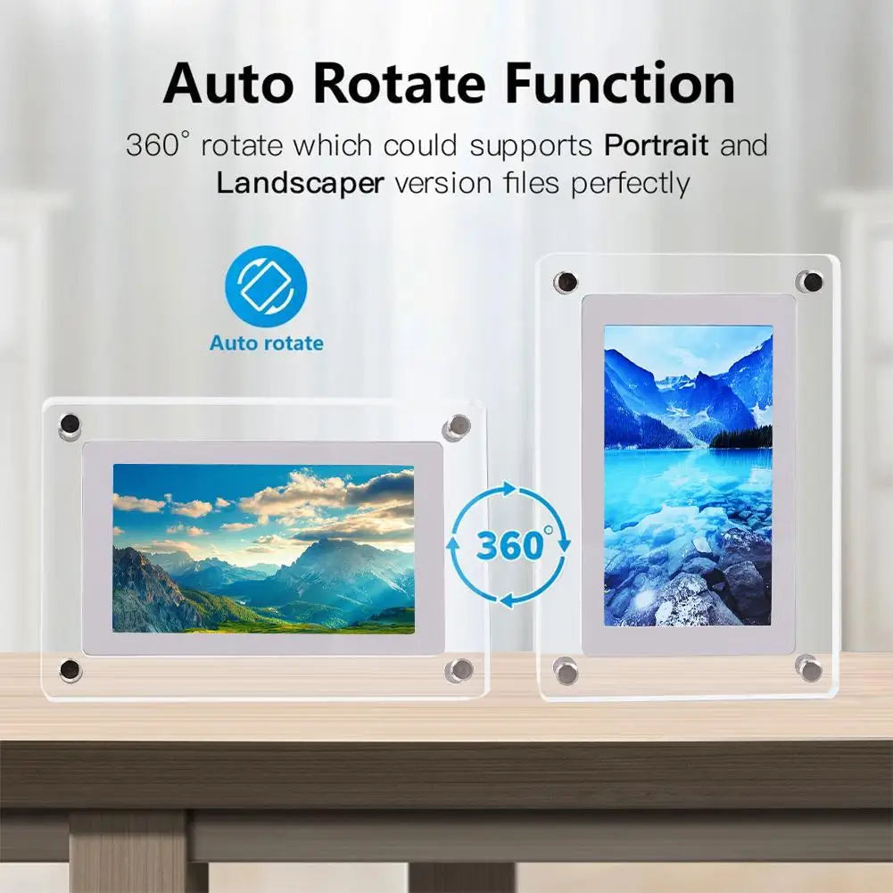Cadre photo numérique acrylique brun montrant une vidéo de paysage sur écran vertical