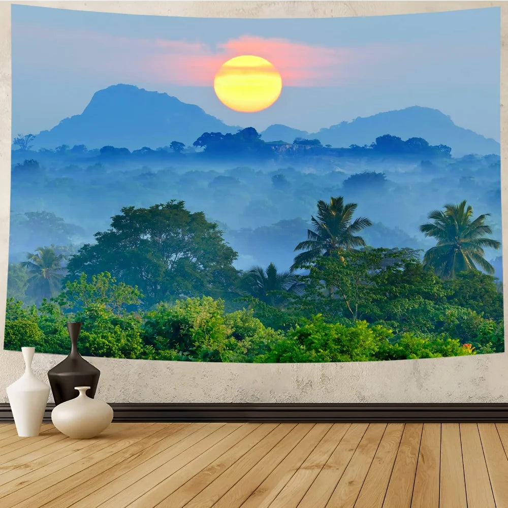 Tapisserie montagne brumeuse dans un salon moderne