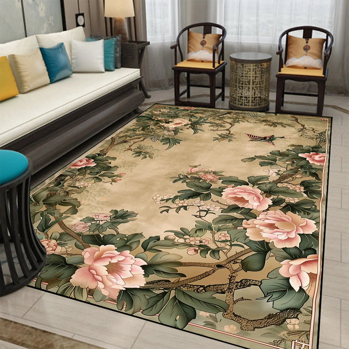 Un magnifique tapis décoratif aux motifs floraux luxuriants et colorés, créant une ambiance chaleureuse et accueillante dans cette pièce.