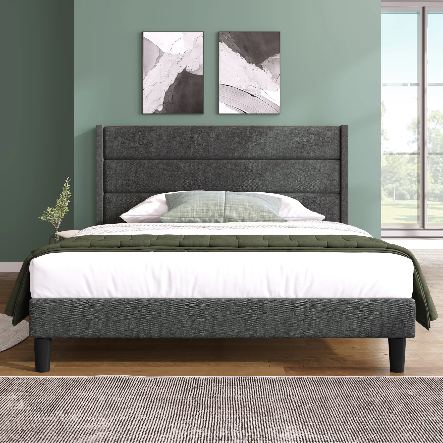 Vue d'ensemble du lit dans une chambre décorée style scandinave
