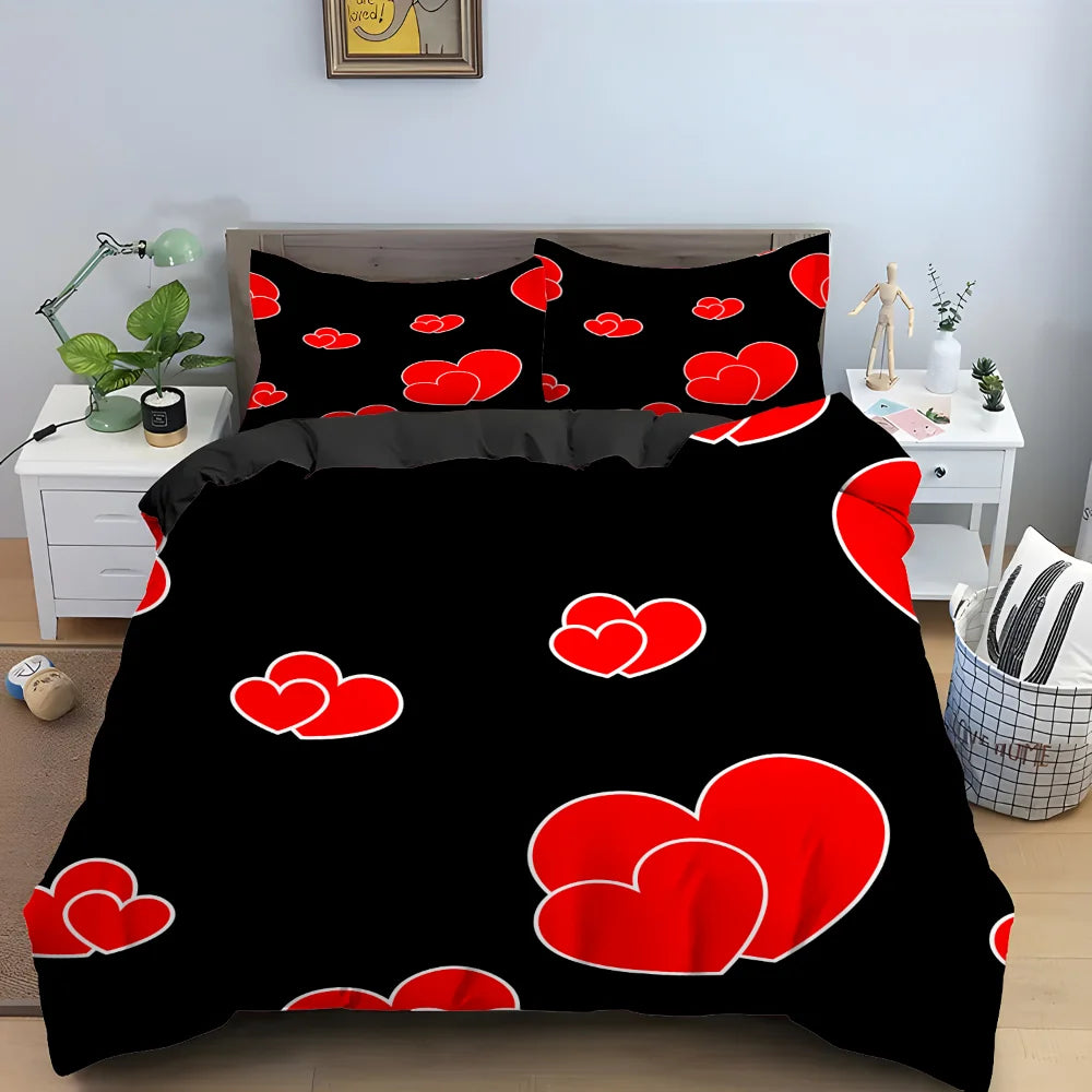Ensemble complet housse de couette et taies d'oreiller cœur noir