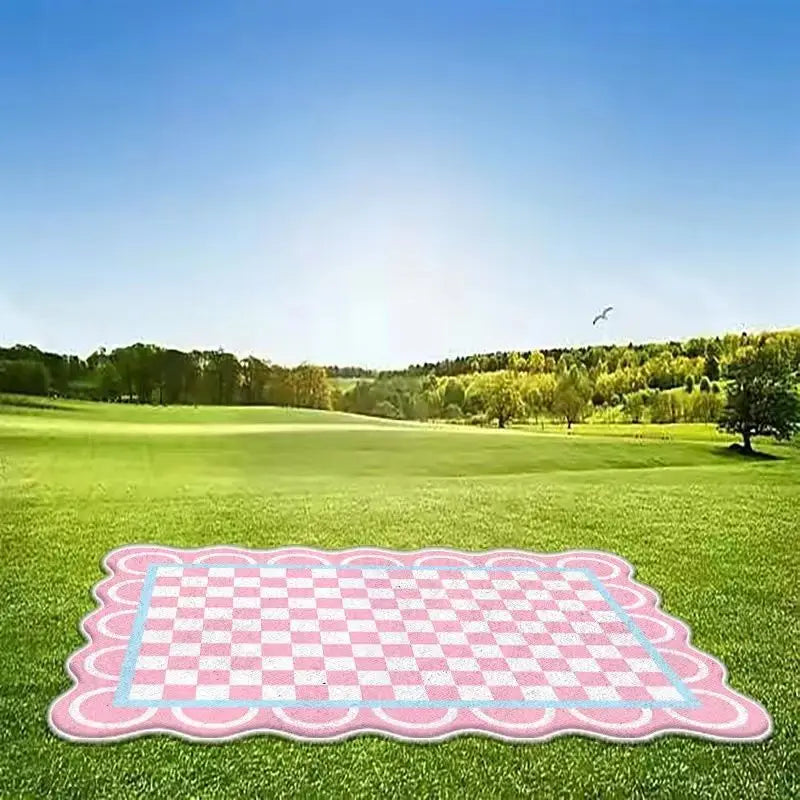 Un tapis de pique-nique rose et blanc posé sur un pré verdoyant, entouré d'arbres et d'un ciel bleu, créant une scène idyllique et sereine.