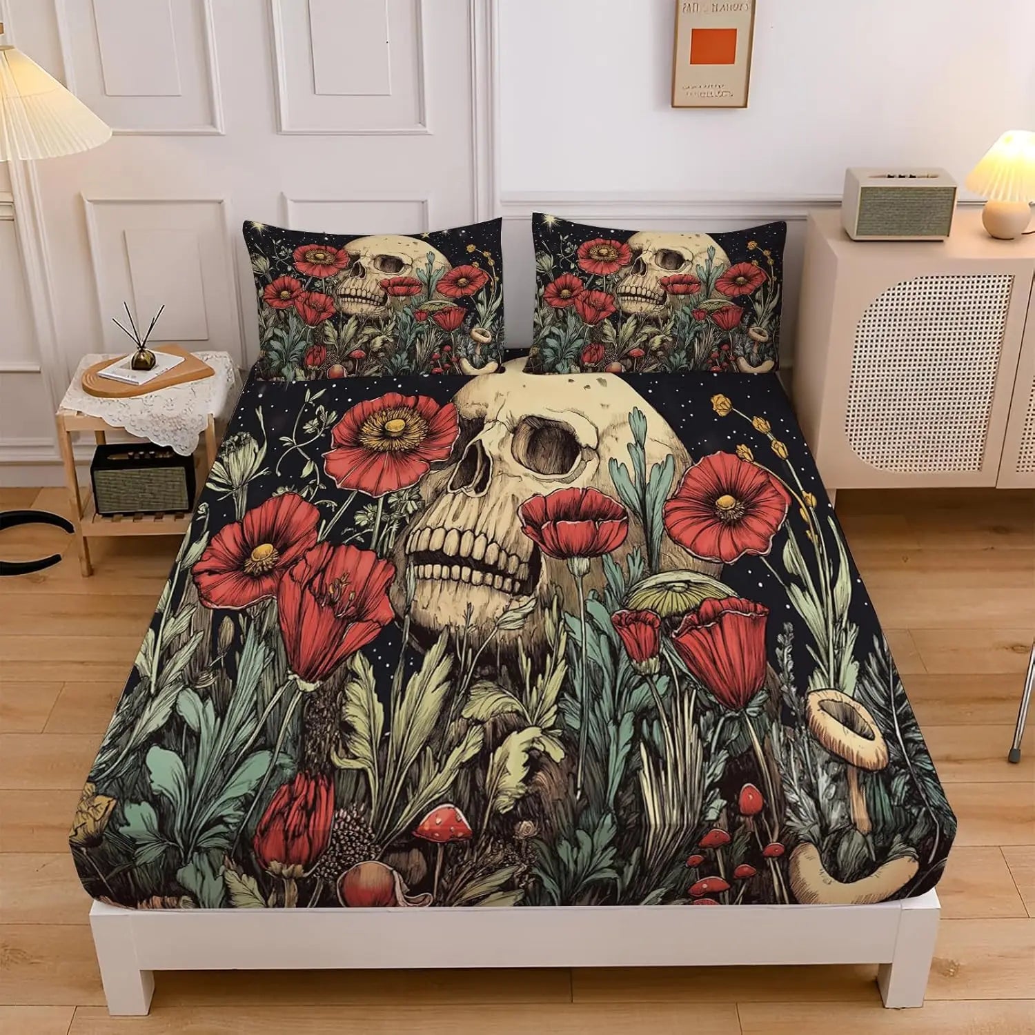 Drap-housse gothique tête de mort fleurs roses sur lit 90x190