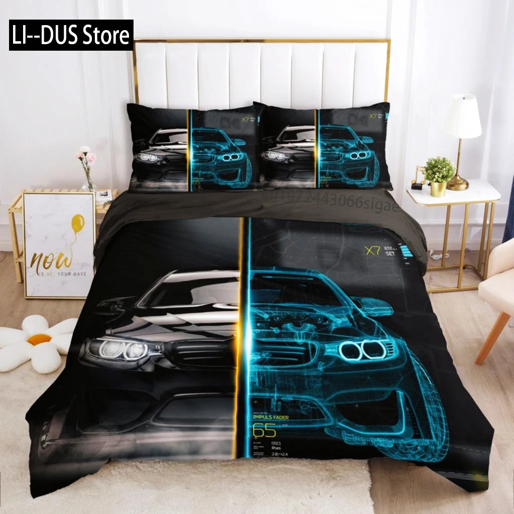 Housse de couette sport noire avec motifs de course sur lit adolescent