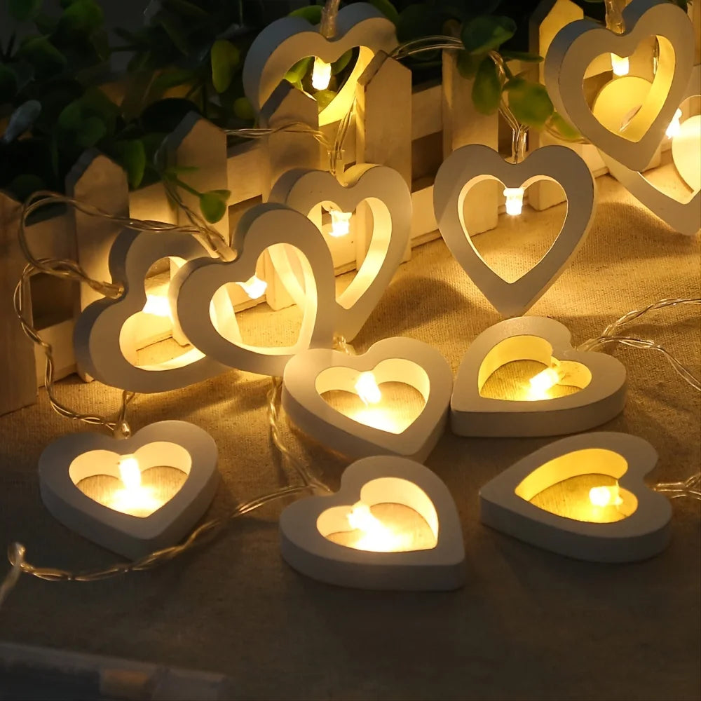 Guirlande lumineuse cœur en bois 1.5M 10 LED blanc chaud