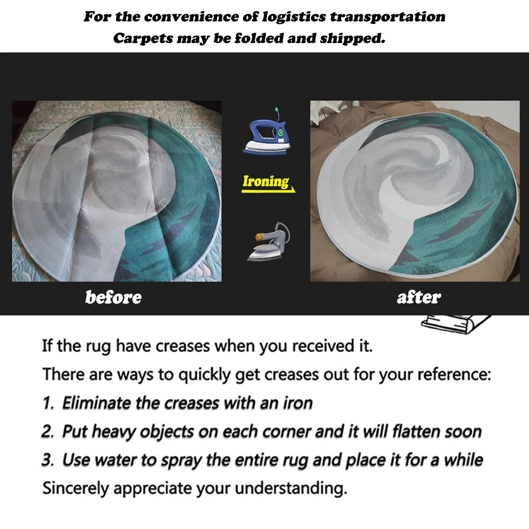 L'image montre deux tapis avant et après le repassage, avec des instructions sur la façon de supprimer rapidement les plis pour les transports logistiques. Le texte explique les trois méthodes recommandées : utiliser un fer à repasser, placer des objets lourds sur les coins, et vaporiser d'eau sur l'ensemble du tapis.