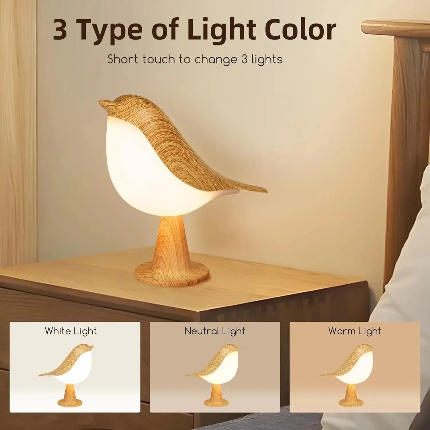 Détail de la lampe oiseau montrant la texture bois et le port USB Type-C