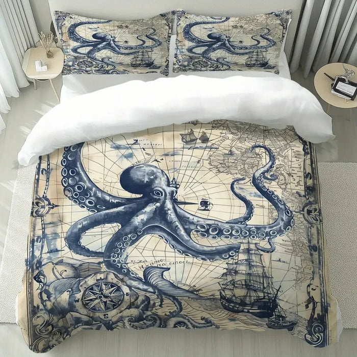 Housse de couette vintage pieuvre marine nautique