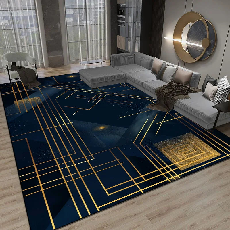 Tapis de sol moderne avec motifs géométriques dorés sur fond bleu foncé, créant une atmosphère élégante et contemporaine dans le salon.