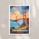 Une magnifique illustration de l'emblématique pont du Golden Gate à San Francisco, avec des couleurs vives et une atmosphère dynamique.