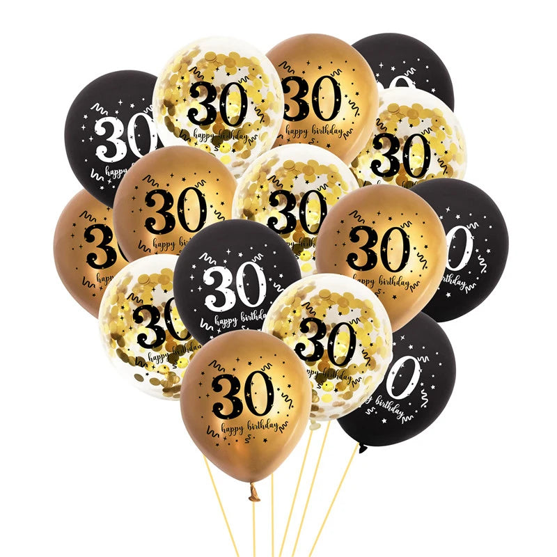 Lot de 15 ballons anniversaire femme or et noir