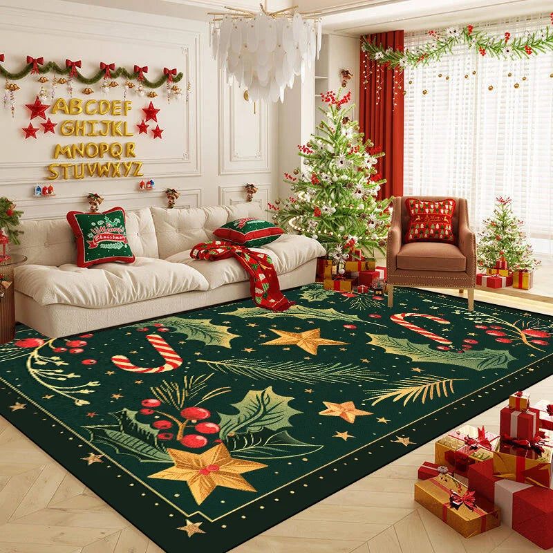 Décor de Noël somptueux avec un arbre de Noël, des guirlandes et un tapis coloré avec des motifs de feuilles et d'étoiles qui créent une ambiance chaleureuse et festive pour la saison des fêtes.