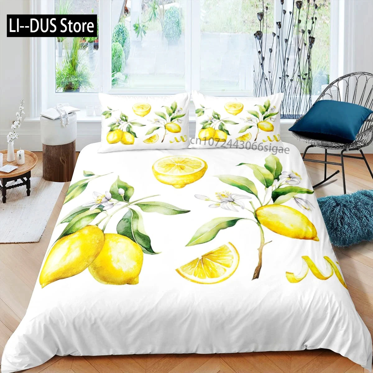Détail de l'impression 3D de citrons sur la housse de couette