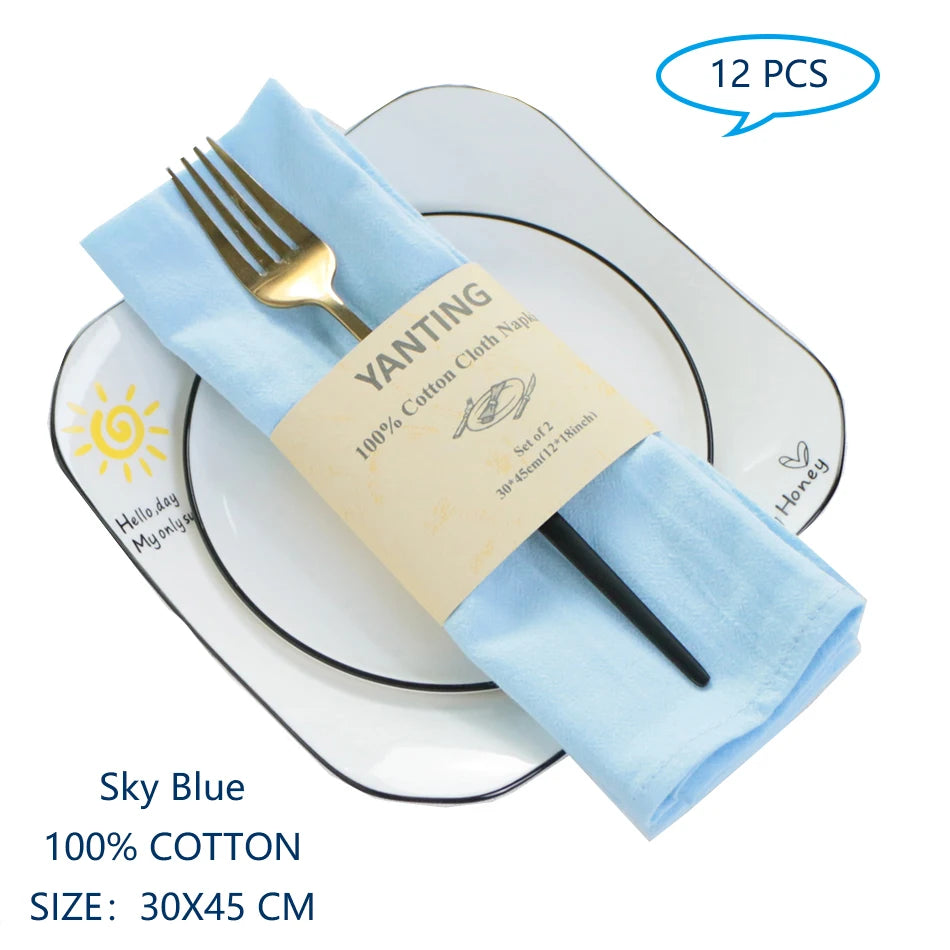Serviettes de table en coton bleu ciel, 12 pièces, de taille 30 x 45 cm.