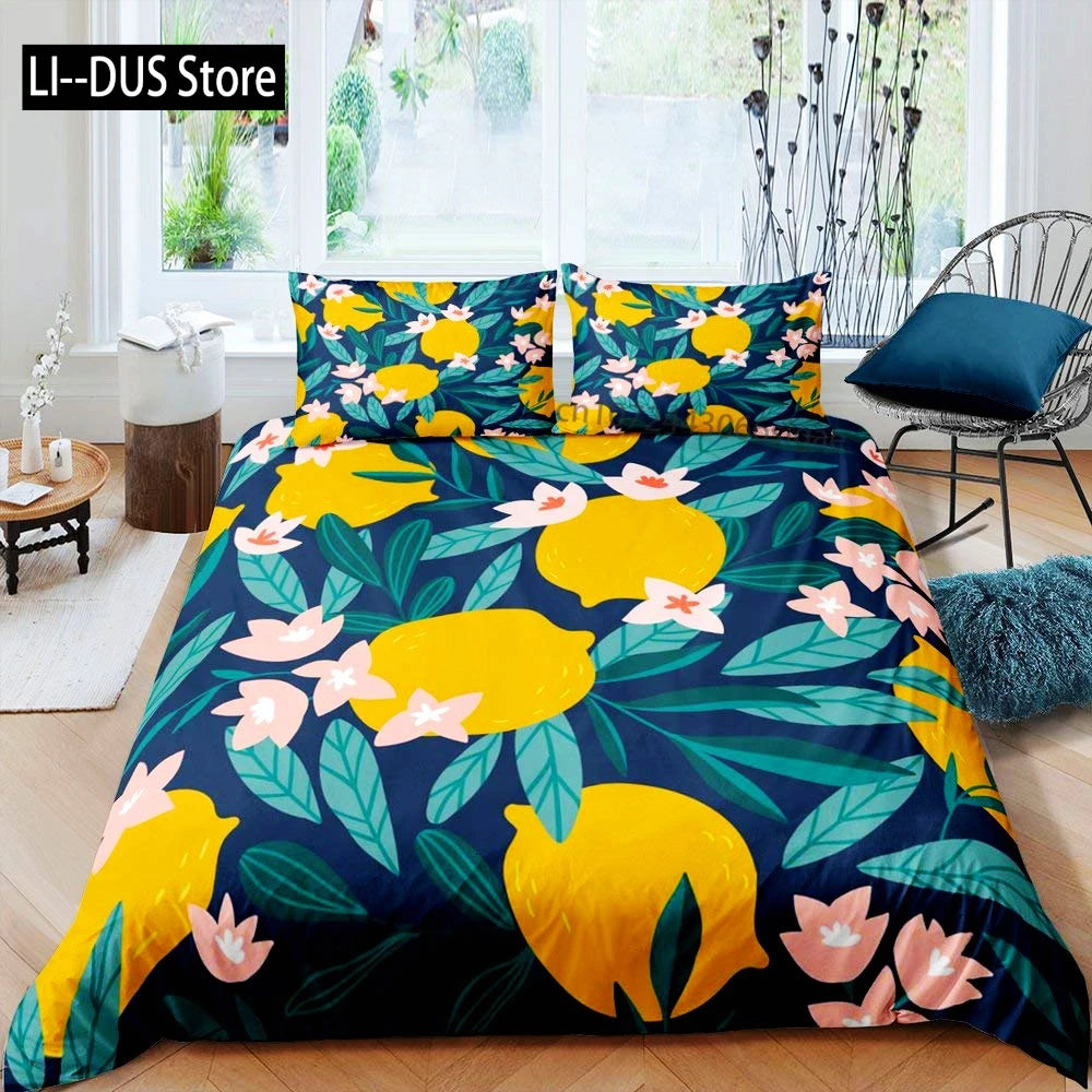 Housse de couette jaune citron fruits sur lit double
