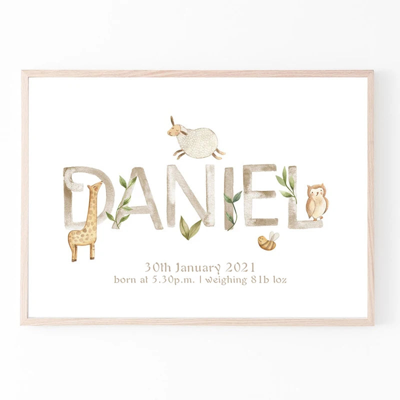 Affiche bébé personnalisée avec texte en anglais et motifs tendres