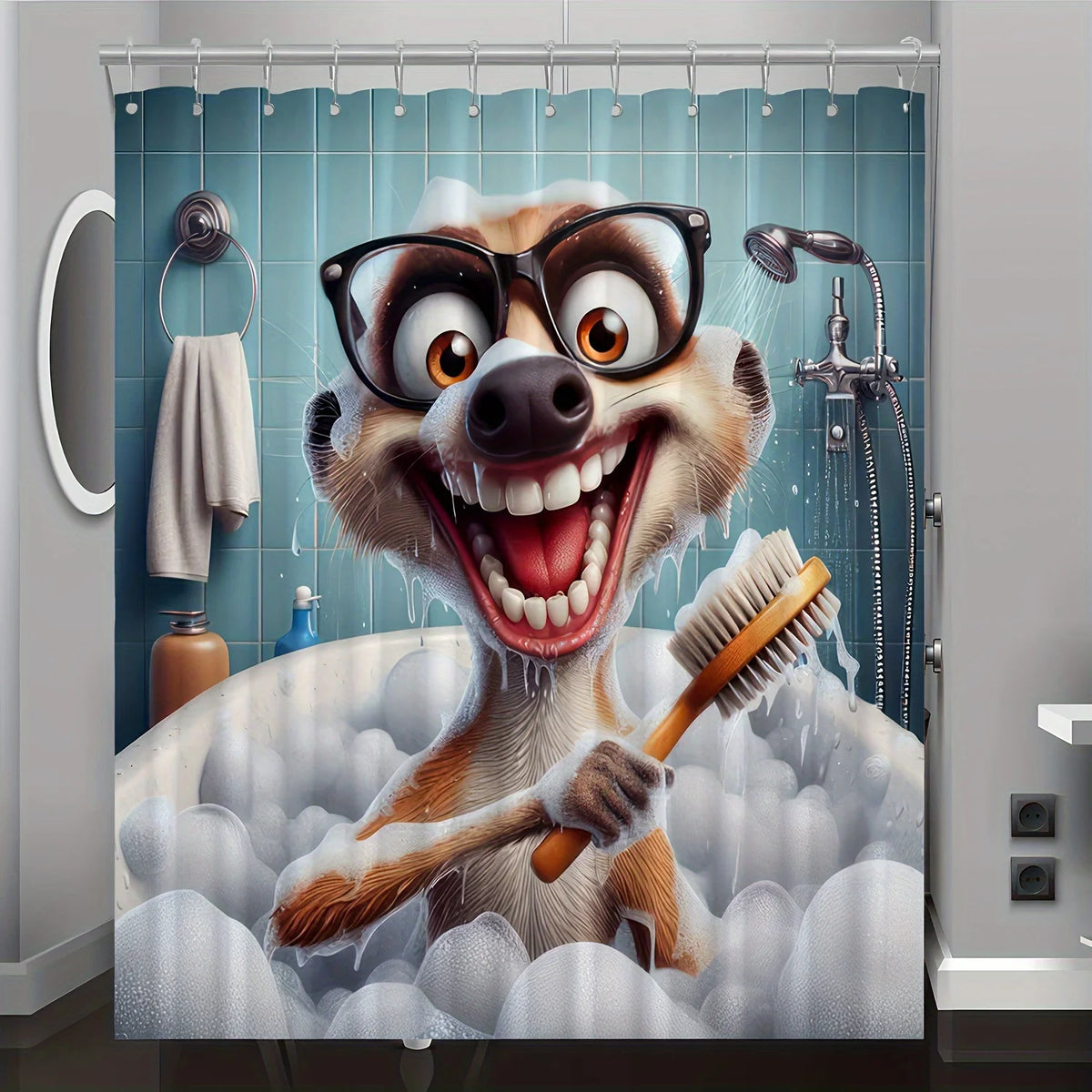 Rideau de douche amusant avec un suricate souriant portant des lunettes dans une baignoire remplie de mousse.