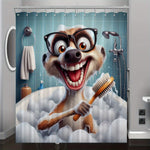 Rideau de douche amusant avec un suricate souriant portant des lunettes dans une baignoire remplie de mousse.