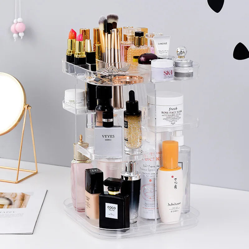 Boîte de rangement cosmétique rotative 360° en couleur noire sur table de toilette