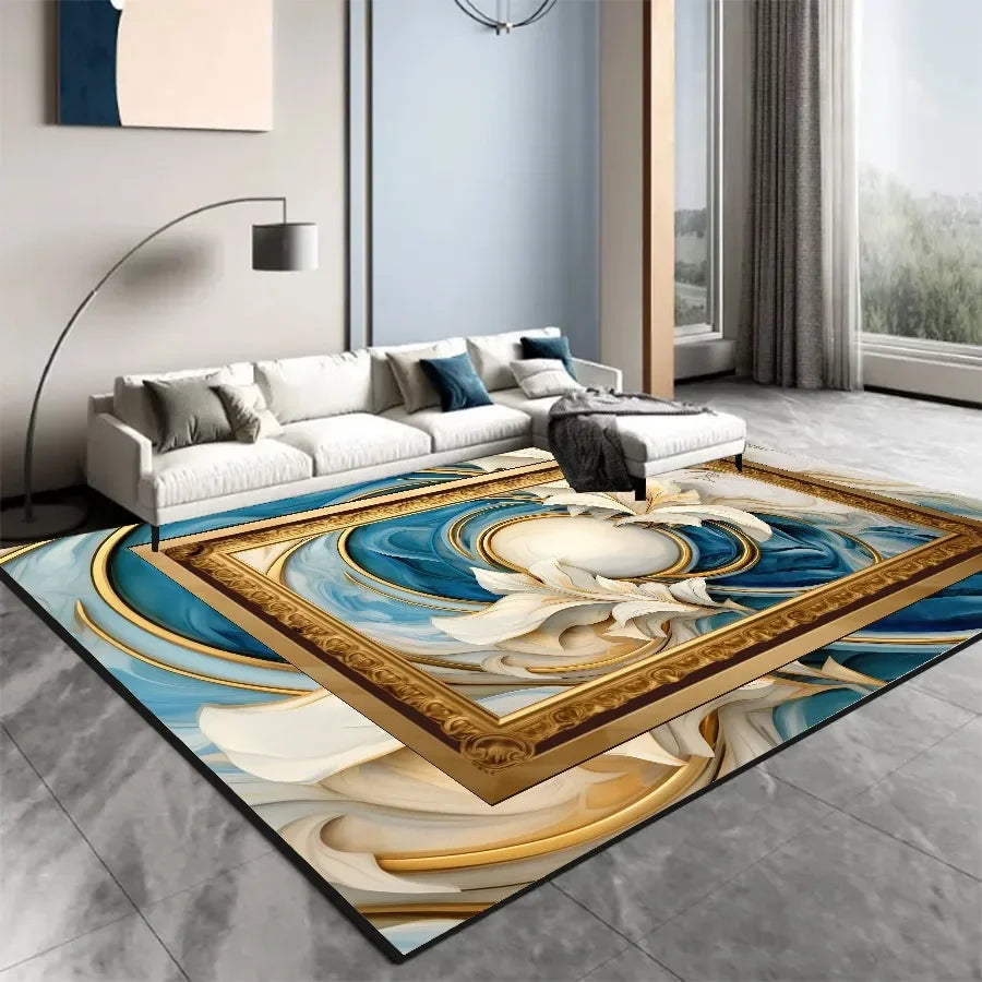 Un tapis décoratif aux motifs abstraits dorés et bleus, créant un magnifique accent visuel dans ce salon moderne et élégant.