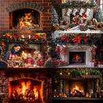 Fond photo vinyle pour cheminée de Noël avec motifs festifs