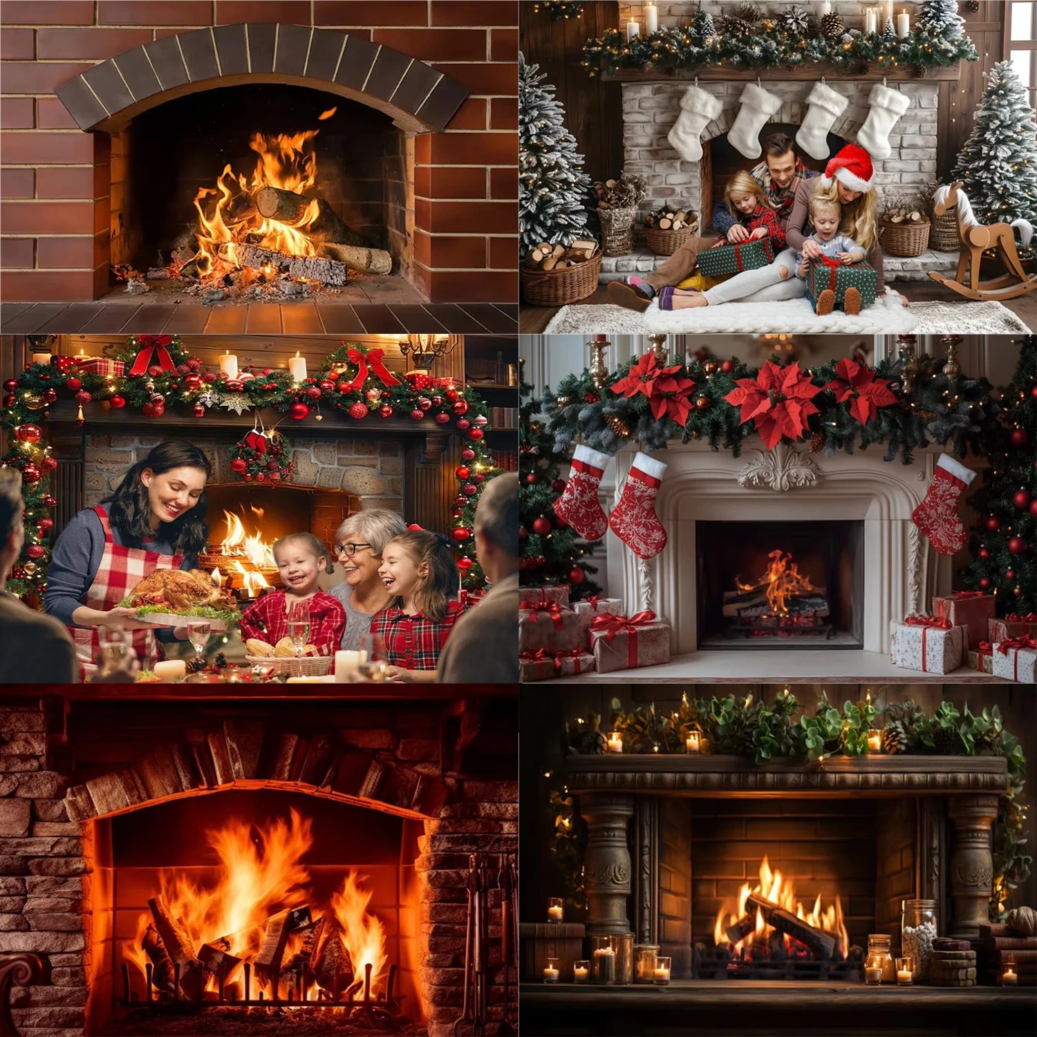Fond photo vinyle pour cheminée de Noël avec motifs festifs