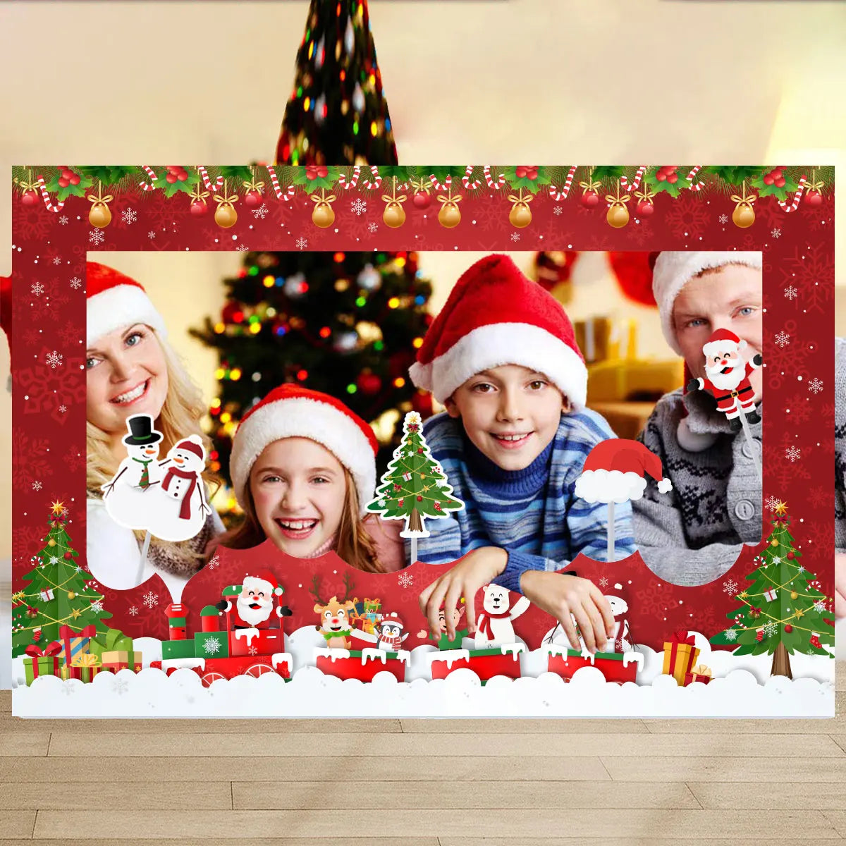 Cadre photo Noël jaune fluo intégré dans une décoration de table de Noël