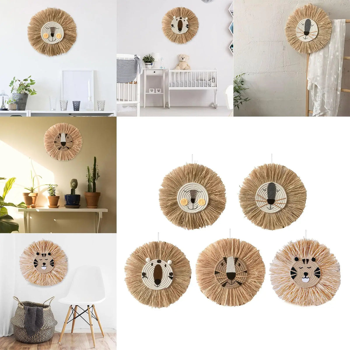 Décoration murale en paille tressée main avec motif lion vue de face
