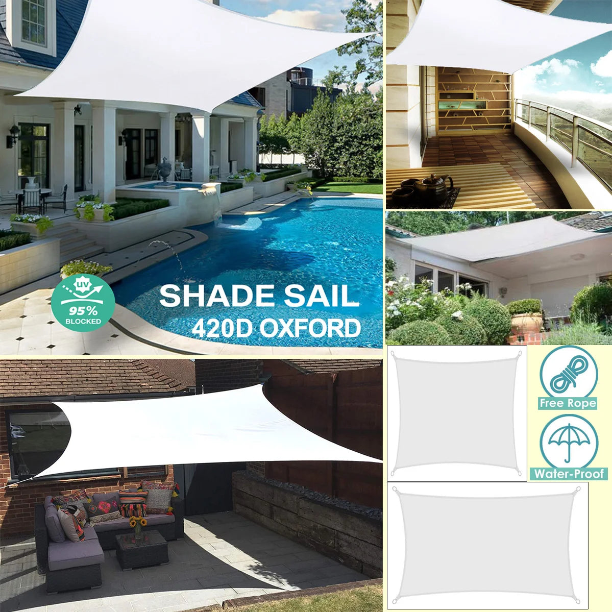 Voile d'ombrage rectangulaire blanche installée sur une terrasse