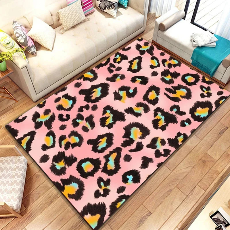 Vue de dessus du tapis leopard montrant sa texture et ses couleurs
