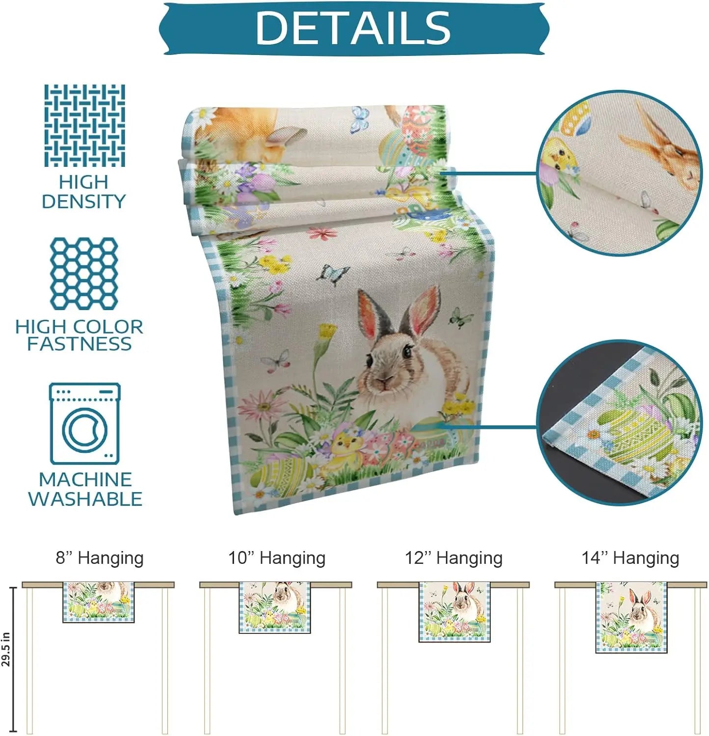 Un motif de fleurs et lapins sauvages dans des tons de vert et jaune, sur un fond clair, avec des options de taille pour suspendre l'image.