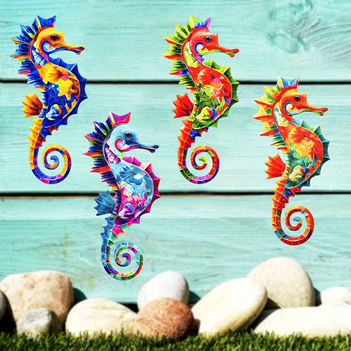 Hippocampe métal bleu décoration murale extérieure